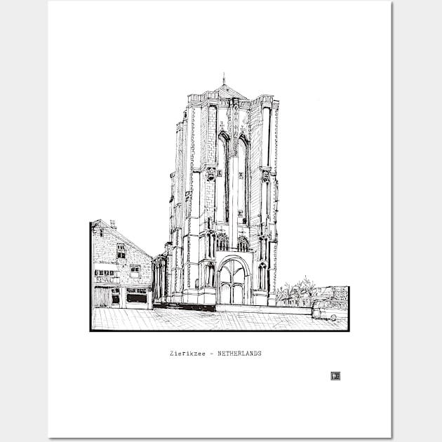 Zierikzee Netherlands Saint-Livinus Monster Tower Pen and Ink Illustration Wall Art by Wall-Art-Sketch